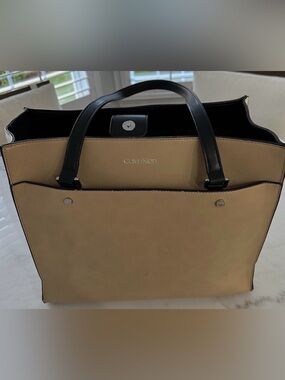 Calvin Klein Two-Tone Leather Tote Bag in Tan and Black
